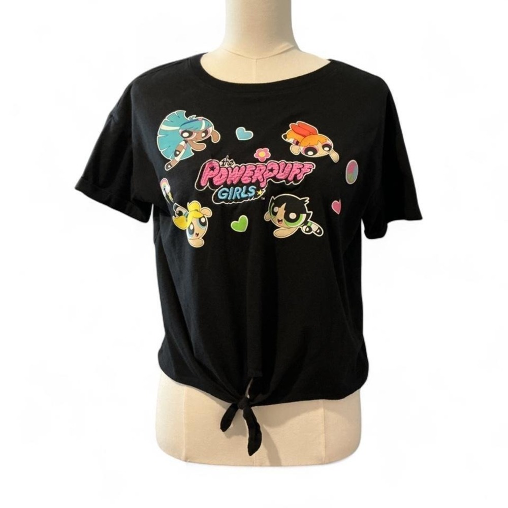 Cartoon Network Powerpuff Girls Shirt Kids L 11-13 Black Excellent Front Tie Tee